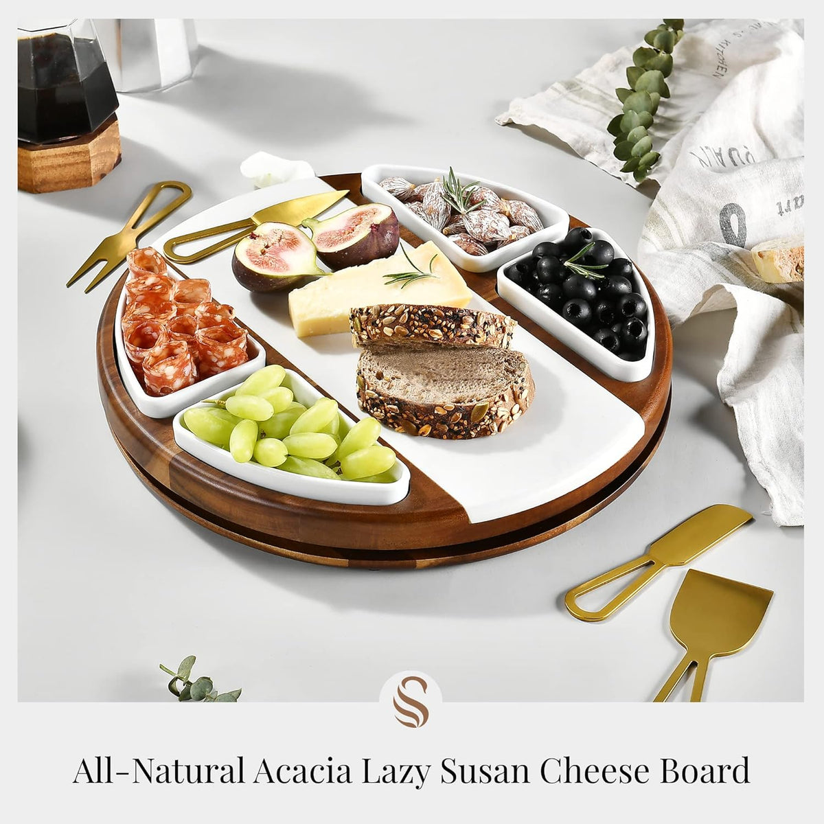 Shanik Upgraded Lazy Susan Cheese Cutting Board Set - Round Acacia Charcuterie Board With 4 Ceramic Bowls - Wedding Gifts - Cheese Serving Platter - Bridal Shower