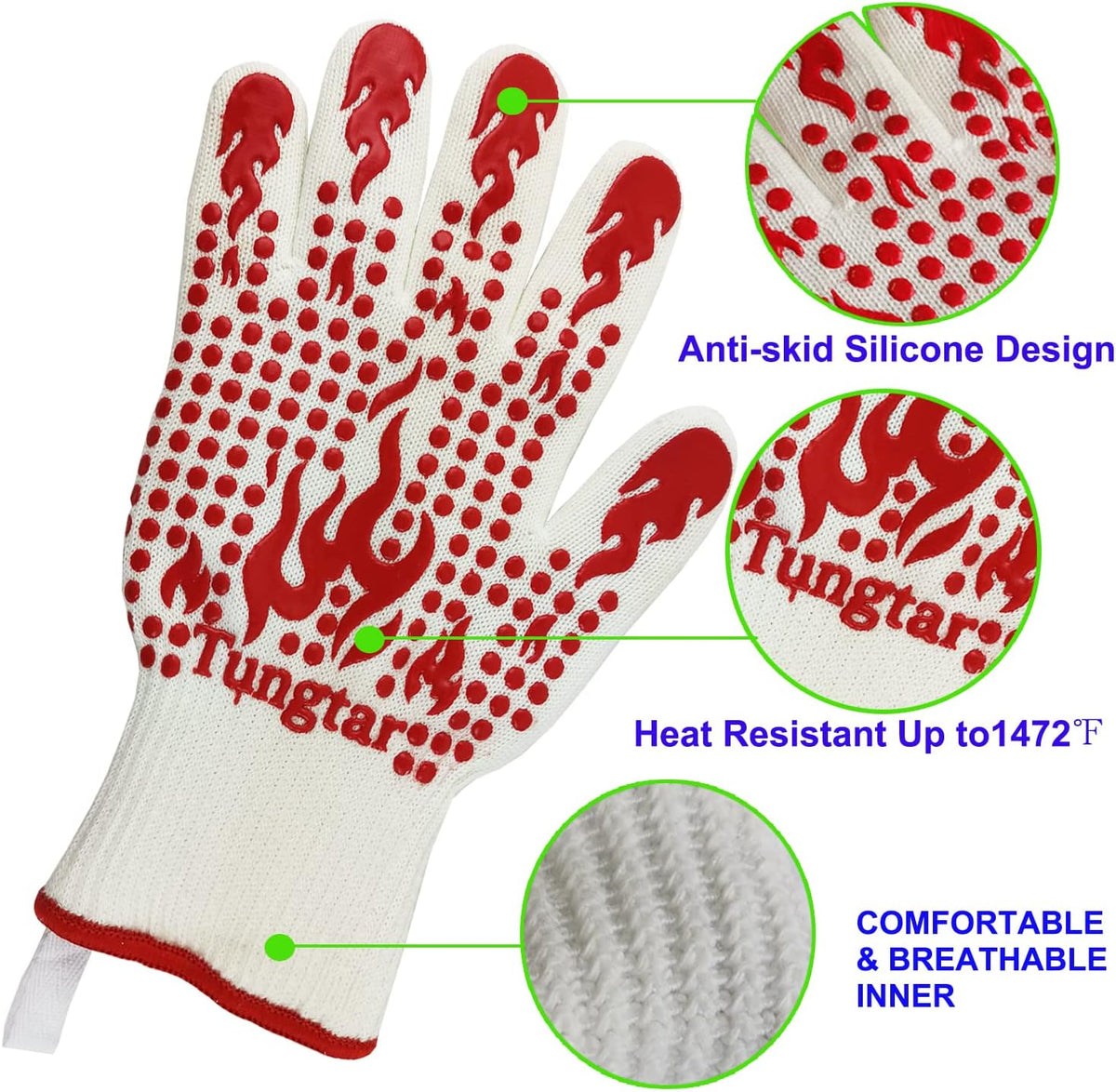 Ove Gloves mit BBQ Heat Proof Oven Mitts 11Inch 1472℉ guantes para Caliente Grill Proof Heat for Men Women BBQ Gloves Bake Gift Set Cooking Gloves for Cooking Grilling Baking Welding (White Red)