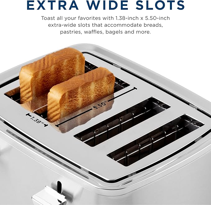 GE Stainless Steel 4 Slice Toaster | Extra Wide Slots for Bagels, Breads, Waffles & More | 7 Shade Options | Countertop Kitchen Essentials | 1500 watt