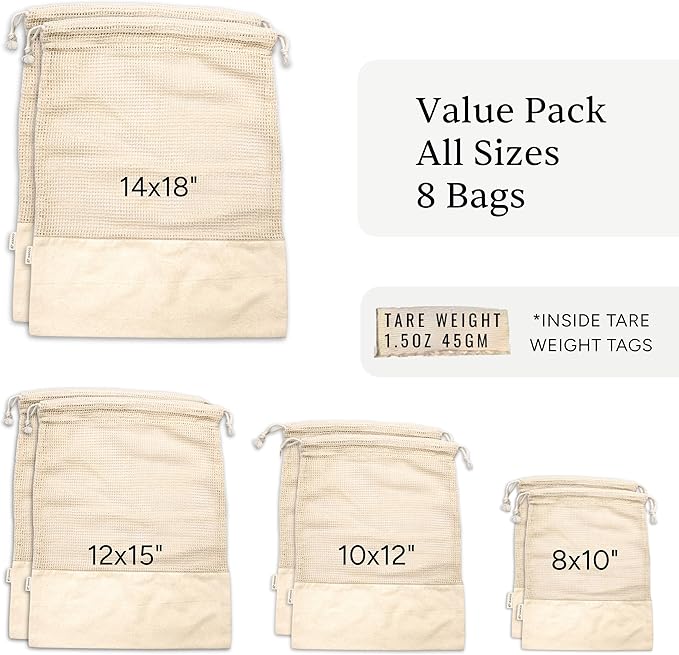 LEAFICO Reusable Produce Bags – 100% Cotton Mesh & Solid Hybrid (Mixed Sizes 8 Pcs – S/M/L/XL) – Multi-Use Grocery & Storage Bags for Fruit, Vegetables, Toys, Clothes, Travel – Washable, Zero Waste