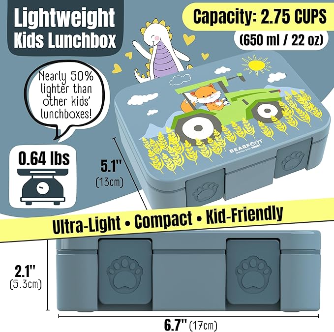 BEARFOOT Kids Lunch Box with Compartments – Compact & Lightweight | Leak-Proof, BPA-Free, Dishwasher & Microwave Safe | Hand-Drawn Design for Preschool, School, Travel (Tractor Fox Blue, 2.75 Cups)