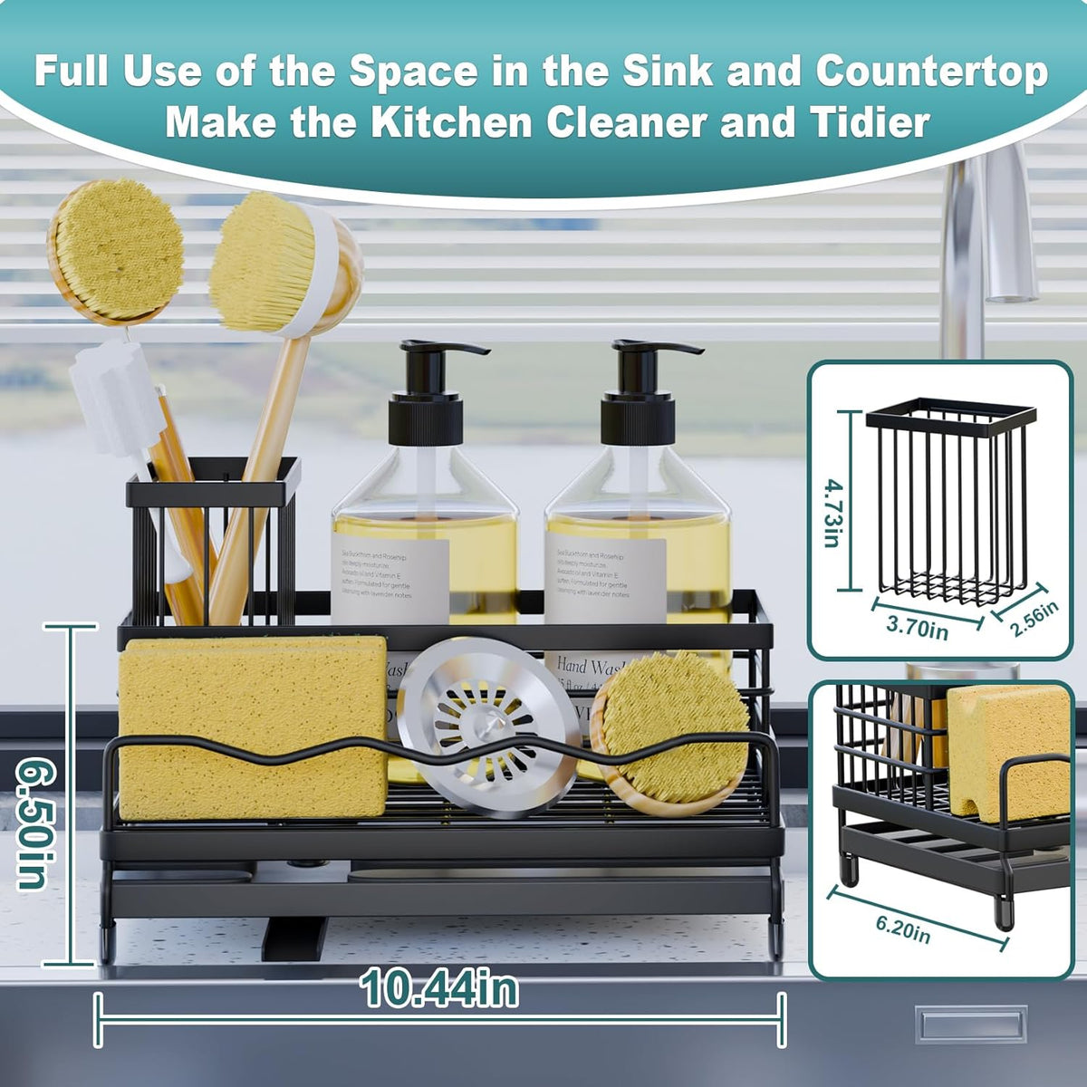 Large Sponge Holder for Kitchen, Kitchen Sink Caddy with High Brush Holder & Quick Drain Tray, 360° Swivel Spout, Stainless SteelSoap Dispenser Countertop Organizer for Sponges, Brushes & Soap