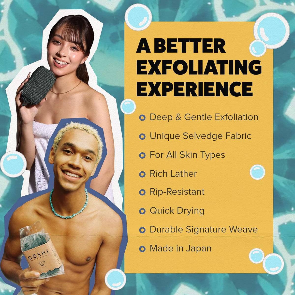 GOSHI Exfoliating Shower Sponge - Rip-Resistant, Rapid-Drying Exfoliating Bath Sponge for All Skin Types - Moss Green - Made in Japan
