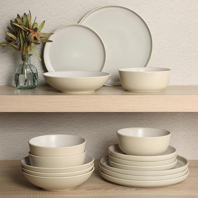 Gibson Elite Tribeca Loft 16-Piece Dinnerware Set – Matte Cream and White Reactive Glaze Stoneware, Double Bowl Round Plates and Bowls – Modern Neutral Tableware for 4, Dishwasher & Microwave Safe