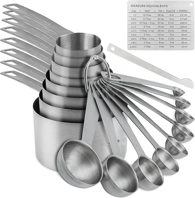 Measuring Cups and Spoons Set, 18/8 Stainless Steel 8 Measuring Cups and 9 Measuring Spoons with Leveler and Measurement Enquivalents, Kitchen and Baking Measure Cups Spoons Set of 19