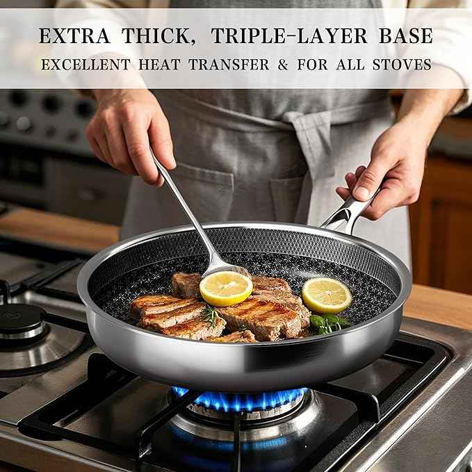 VONIKI Hybrid Tri-ply Stainless Steel Cookware Set, Pots And Pans Set Non Stick with Steamer Basket, Non Toxic Induction Cookware, Kitchen Cookware Sets PFOA & PTFE Free, Dishwasher and Oven Safe