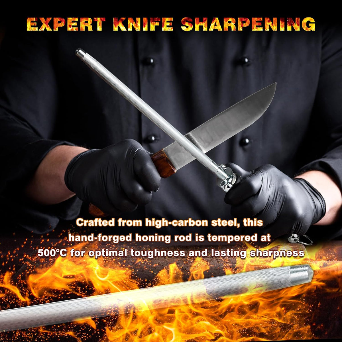 Knife Sharpener Rod, Kitchen Knives Sharpener Carbon Steel Professional Knife Sharpening Steel, Honing Rod with Hanging Holes (13 inches)