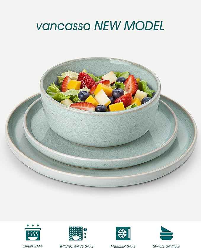 vancasso ANYA 18 Pieces Plates and Bowls Set, Mint Green Dinnerware Sets, Reactive Glaze Dishes Set for 6, Ceramic Dishware Sets Kitchen Dinner Set, Microwave & Dishwasher Safe