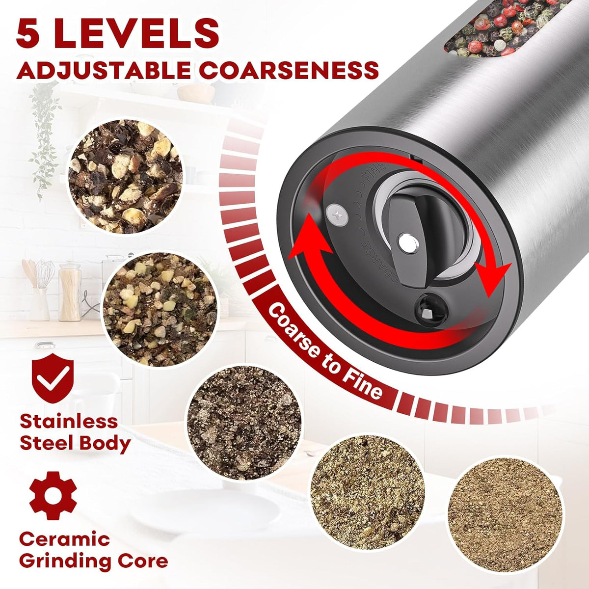 Electric Salt and Pepper Grinder Set: Automatic Rechargeable Salt and Pepper Shakers with USB Charging Base, Adjustable Coarseness, 110ml Large Capacity, Stainless Steel Pepper Grinder for Kitchen