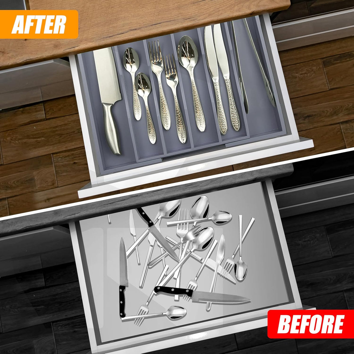 Kitchen Silverware Drawer Organizer and Storage Bamboo Wood Cooking Utensil Holder Cutlery Knife Jewelry Spice Rack Spoon Fork Multi Cabinet Organization Bathroom Counter Expandable Adjustable Tray