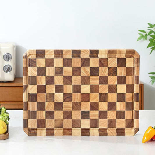 Large wood Cutting Board for Kitchen with Juice Handles ， Chopping Board Cheese Charcuterie Board (Checkered cutting board)