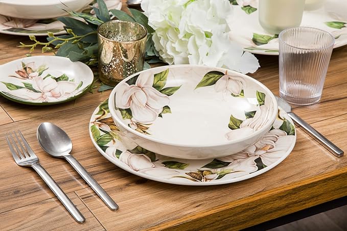 Bico Magnolia Floral Dinner Plates Set of 4, 11 Inch Large Ceramic Plates for Pasta, Steak, Stylish Serving Dishes, Microwave and Dishwasher Safe, Gift for Housewarming and Thanksgiving