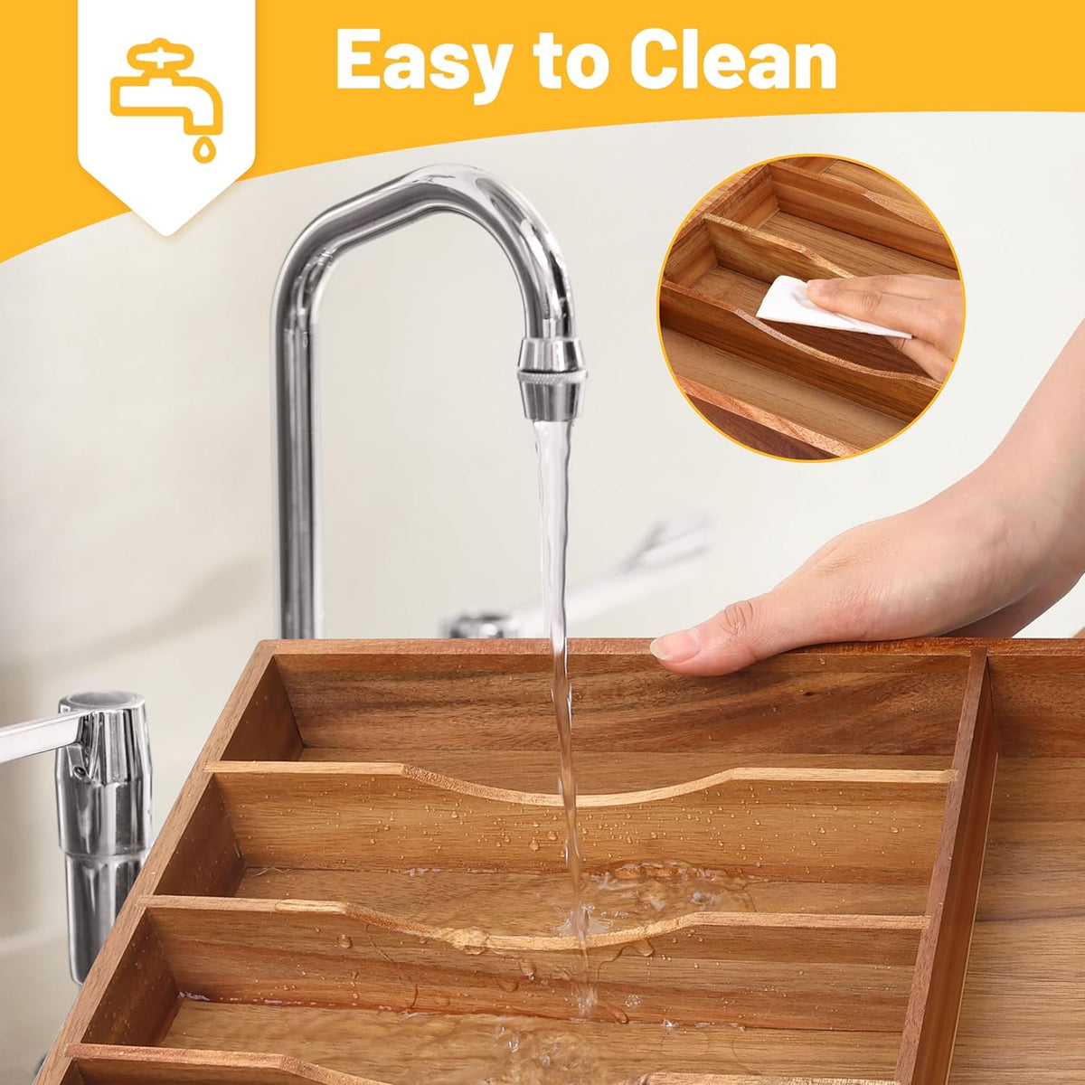 Kitchen Acacia Silverware Organizer - Extra Deep Grooved Drawer Divider, 7 Slot Utensil Organizer