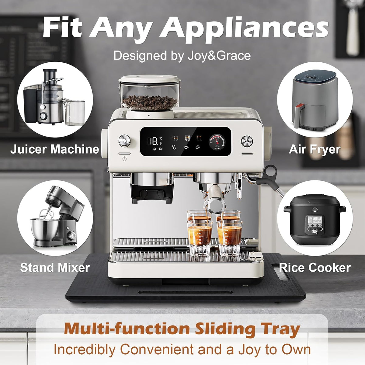 Joy&Grace Appliance Slider for Kitchen Appliances 360° Rolling Sliding Tray for Coffee Maker Countertop, Bamboo Coffee Pot Slider Rolling Tray with Universal Rollers (Black, Large 16"x13")