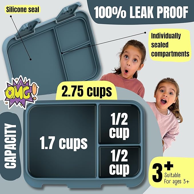 Kids Lunch Box with Compartments – Compact & Lightweight | Leak-Proof, BPA-Free, Dishwasher & Microwave Safe | Hand-Drawn Design for Preschool, School, Travel (Firetruck Bunnies Blue, 2.75 Cups)
