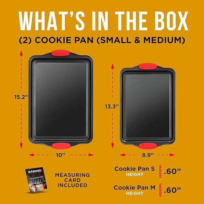 2 Piece Set Nonstick Carbon Steel Oven Bakeware -Professional Quality Kitchen Cooking Baking Trays -PFOA, PFOS, PTFE-Free Medium & Large Baking Sheet Pans with Red Silicone Handles