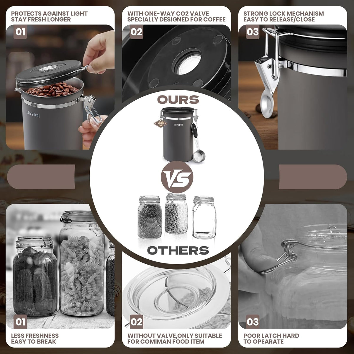 38oz Airtight Coffee Canister,Stainless Steel Coffee Bean Storage Container with Scoop Date Tracker & CO2 Release Valve for Beans, Grounds and more- Gray