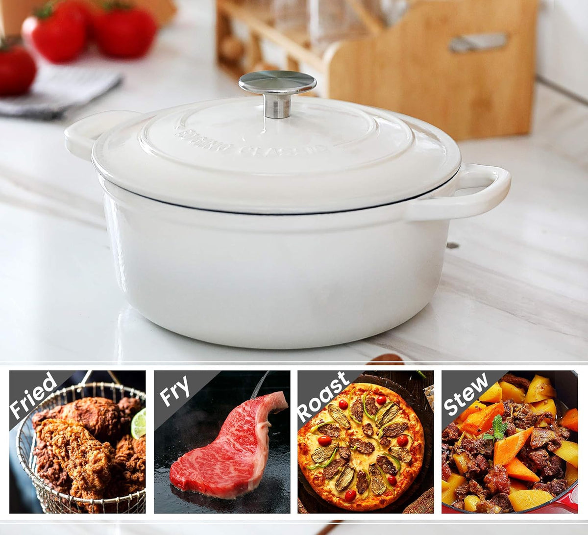 Cast Iron Dutch Oven With Lid Round Pot Enameled Covered for Bread Baking, 7 Quart, White