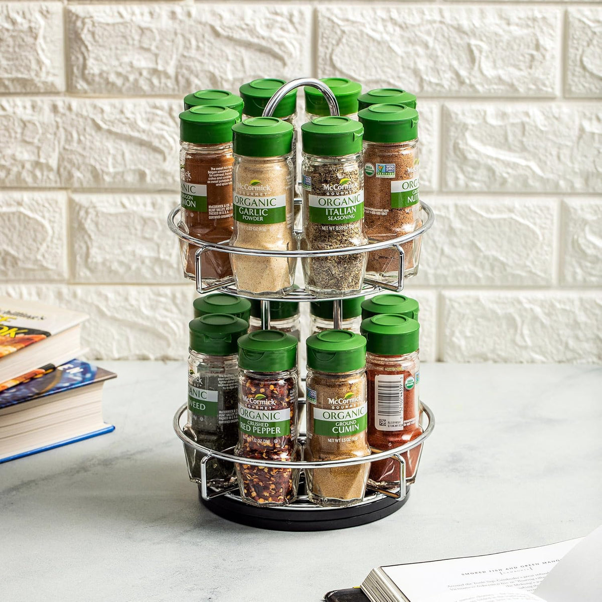 McCormick Gourmet Two Tier Chrome 16 Piece Organic Spice Rack Organizer with Spices Included, 18.55 oz