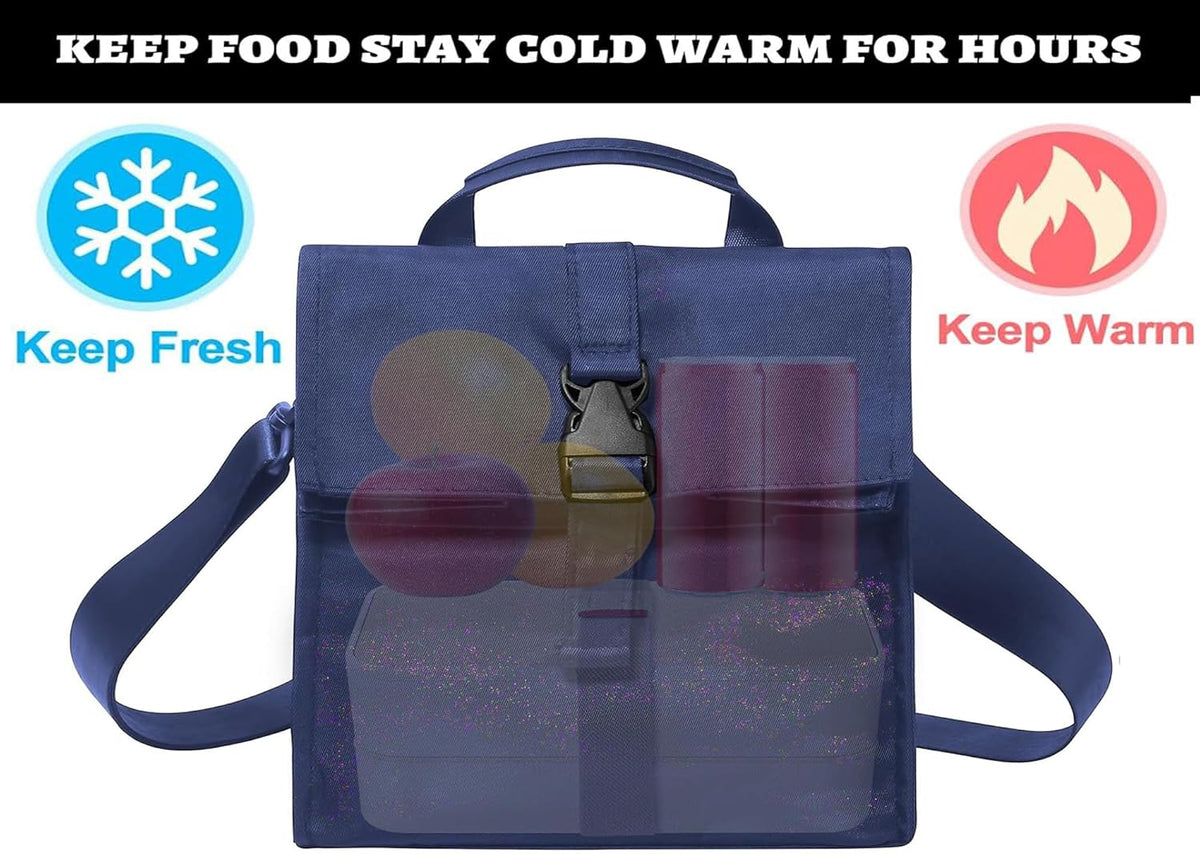 Insulated Foldable Lunch Bag- Lightweight Portable with Adjustable Shoulder Strap Lunch Box for Men, Women, Office, Work, Picnic, Hiking and Beach (Navy Blue(Soft Fabric))