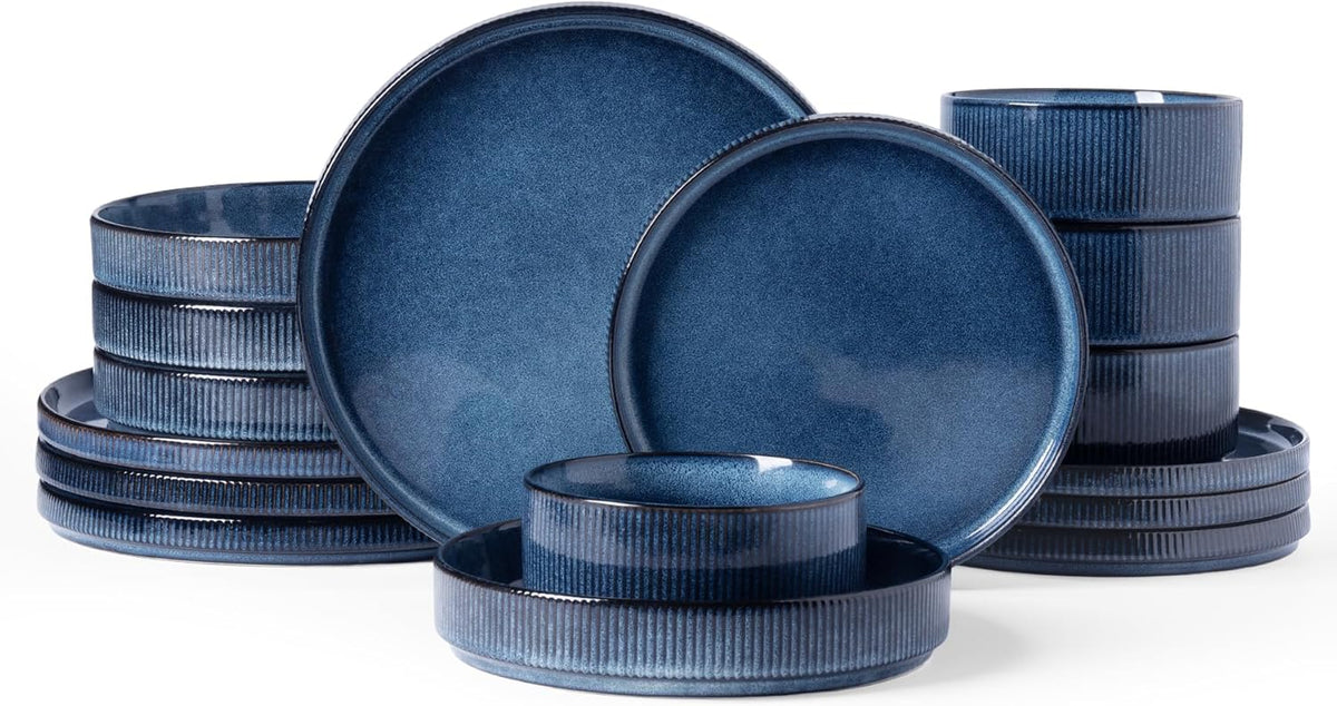 Famiware Star Dinnerware Set with Pasta Bowls, Service for 4 (16pcs), Ribbed Stoneware Plates and Bowls Dishes Sets - Chip & Scratch Resistant, Microwave & Dishwasher Safe, Nebulas Blue