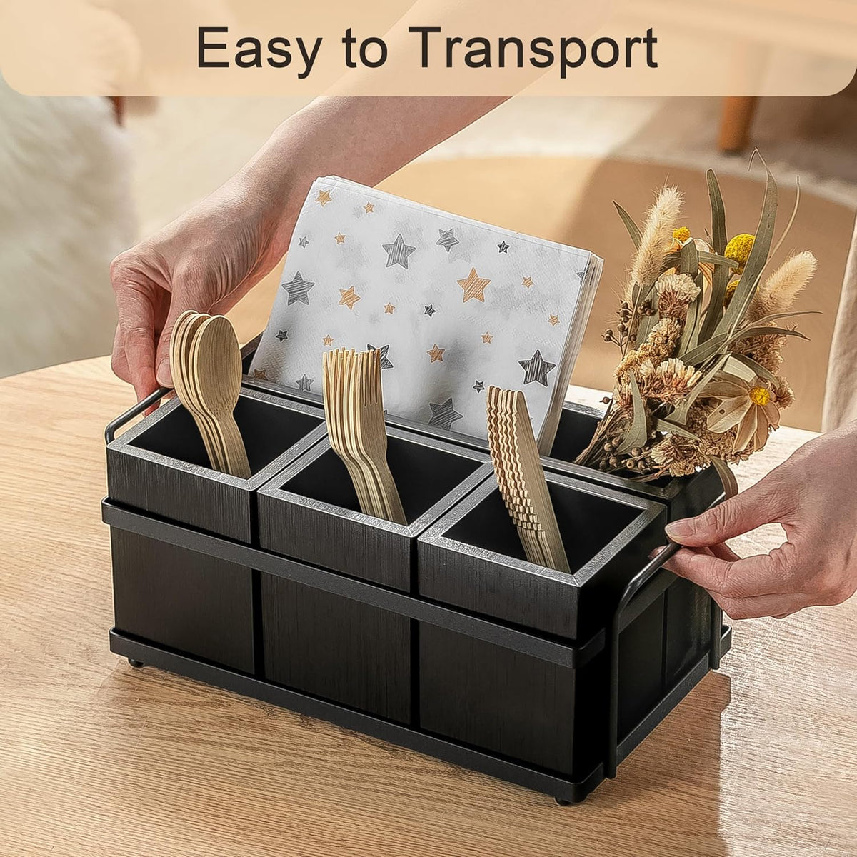 PTSTING Silverware Caddy Black Wood Silverware Holder Paper Plate Dispenser Utensil Caddy Cutlery Flatware Organizer Box for Spoons Forks Plates Napkins