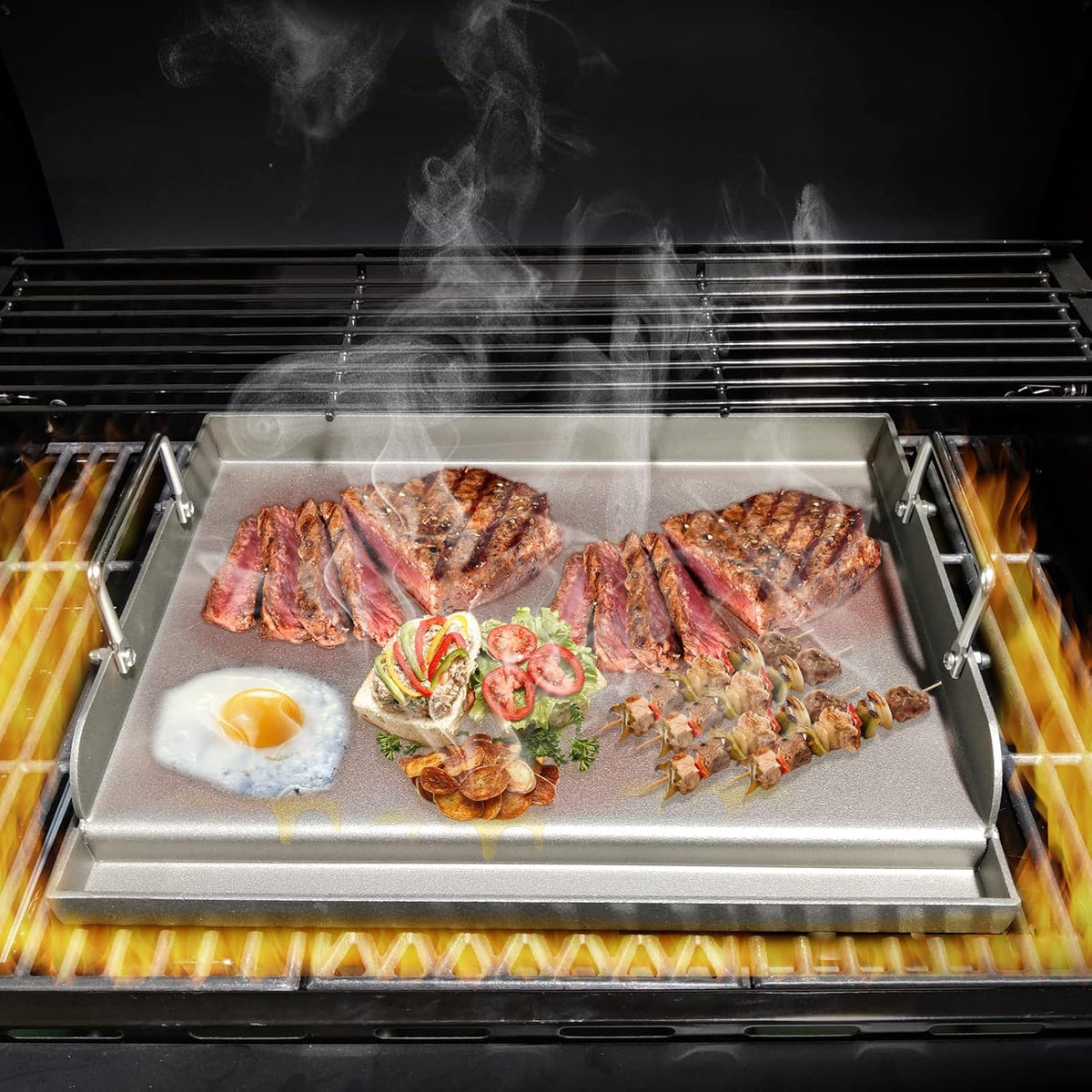 Griddle for Gas Grill Metal Cooking Griddle Pan for Outdoor Gas Grill, 17" x13" Flat Top Plate Skillet Pan Teppanyaki Insert for Weber Charbroil Camp Chef and Charcoal/Electric