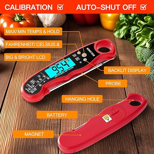 KULUNER TP-01 Waterproof Digital Instant Read Meat Thermometer with 4.6 Folding Probe Backlight Calibration Function for Cooking Food Candy, BBQ Grill, Liquids,Beef（Red）