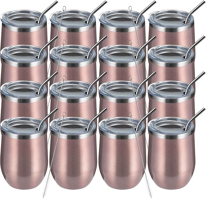 MEWAY 12oz Wine Tumbler 16 Pack Bulk Gifts for Women,Double Wall Vacuum Stainless Steel Travel Mug with Lid,Insulated Stemless Wine Cup Glass for Coffee,Cocktails,Drinks(Rose gold,Set of 16)