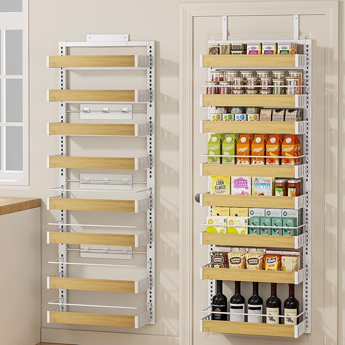 8 Tier Over The Door Pantry Organizer, 2 IN 1 Wall Mount or Hanging Spice Rack Seasoning Shelves with Adjustable Basket, Back of Door Organizer and Storage for Kitchen Cabinet and Room Closet