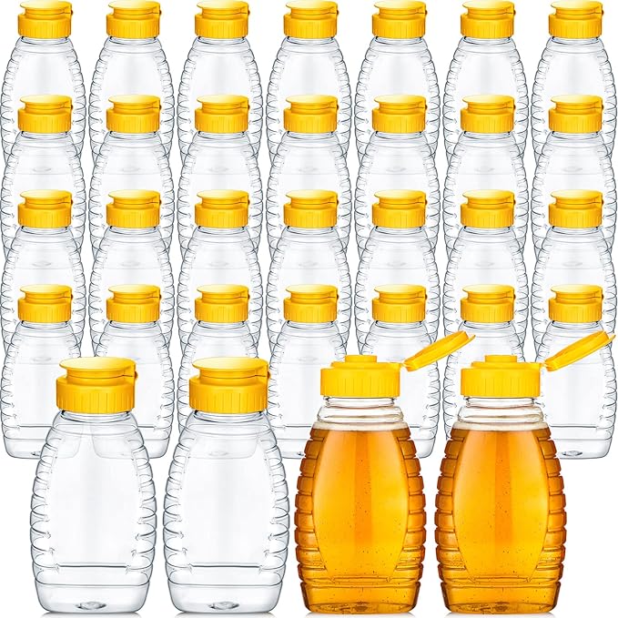 Eccliy 32 Pcs 8.8 oz Clear Plastic Honey Jar Empty Honey Bottles with Caps Refillable Containers Leakproof Squeeze Bottle Container Holder with Flip Lid for Storing(Yellow)