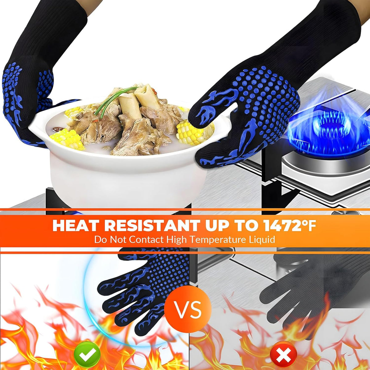 1 Pair Grill Oven Mitts, 1472°F Heat Resistant BBQ Gloves for Cooking, Non-Slip Silicone Oven Gloves, Barbecue Grill Gloves BBQ Mitts (Blue-Flame Pattern)