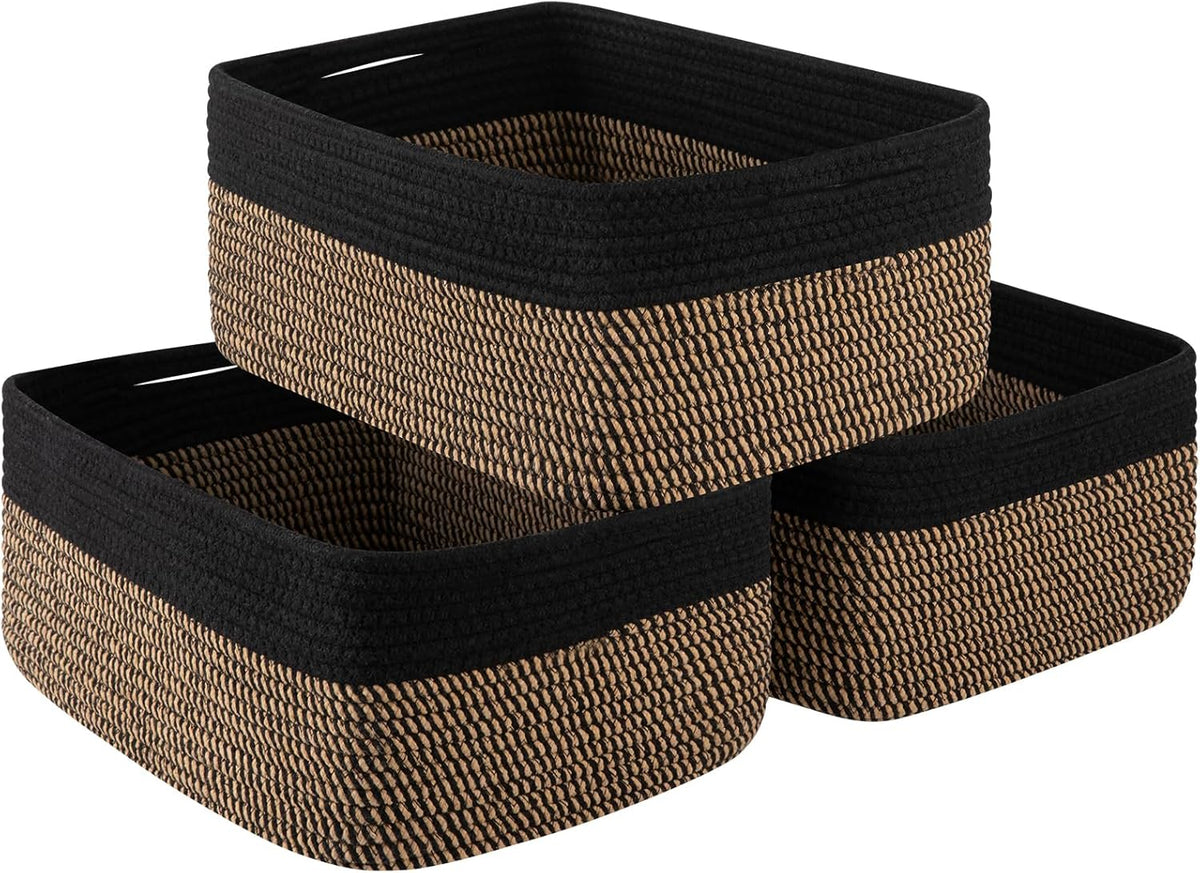 Storage Baskets for Organizing 3 Pack, Woven Baskets for Shelves, Closet Organizer Bins Empty Gift Basket Toy Storage for Toys, Books, Towels, Clothes, 15"x11.42"x6.7", Black & Yellow