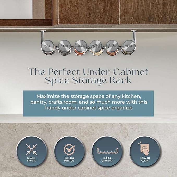 Under Cabinet Spice Rack With 6 Glass Spice Jars & 21 Labels Stainless Steel Spice Storage Rack- Mountable Under Shelf Hanging Spice Rack Holder- Seasoning Kitchen Organizer