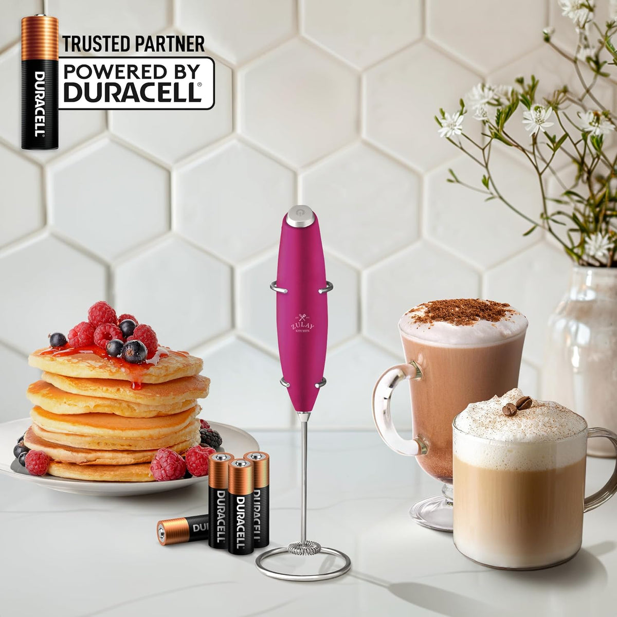 Zulay Kitchen Powerful Milk Frother Wand With 4 AA Duracell Batteries - Ultra Fast Handheld Drink Mixer - Electric Whisk Foam Maker for Coffee, Lattes, Cappuccino, Matcha & Creamer -