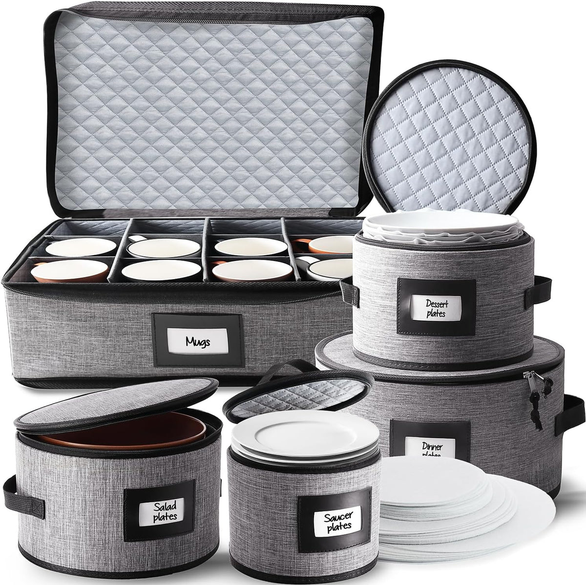 Fine China Storage Containers, 5 Piece Quilted Dish Storage Containers, Mug, Cup, and Plate Dish Organizer with Felt Dividers, Service of 12 Dinnerware Boxes for Moving, Seasonal Organization, Grey