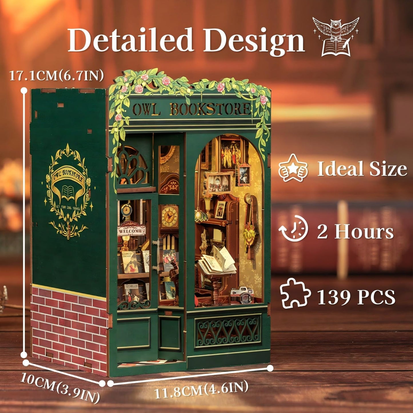 Fsolis Book Nook Kit, DIY Scene Miniature House Kit Tiny House Mini Booknook Craft Bookshelf Decor, 3D Puzzles for Adults, 139 Wooden Pieces, Scale Library Model, Gifts for Book Lovers（OWL Bookstore）
