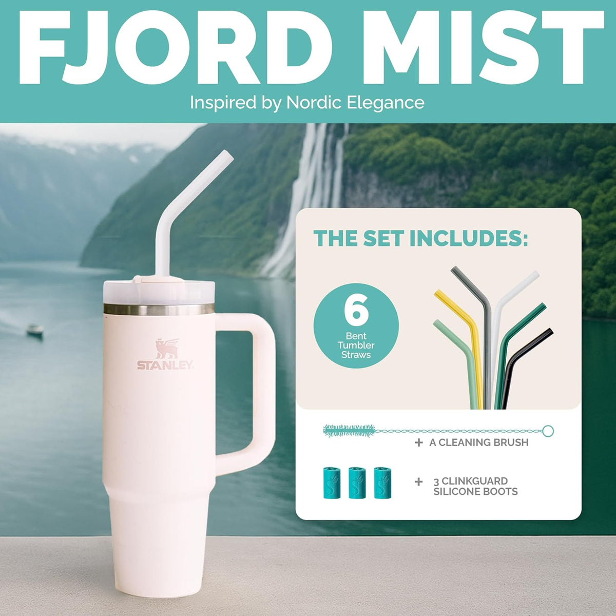 Simply Straws 12 Inch Glass Straws Bent (6-Pack) – Reusable Glass Straws for Stanley 40 Oz Tumbler, with Cleaning Brush – Durable, Dishwasher Safe, Hot & Cold Use, BPA-Free (Fjord Mist)