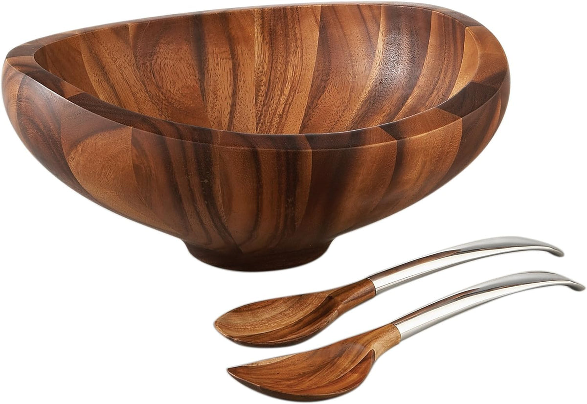 Nambe Butterfly Acacia Wood Salad Bowl with 2 Salad Servers | Made of Acacia wood Alloy | Large Deep Wooden Bowls | Acacia Wood Salad Bowl Set | Designed by Sean O’hara (16-in)