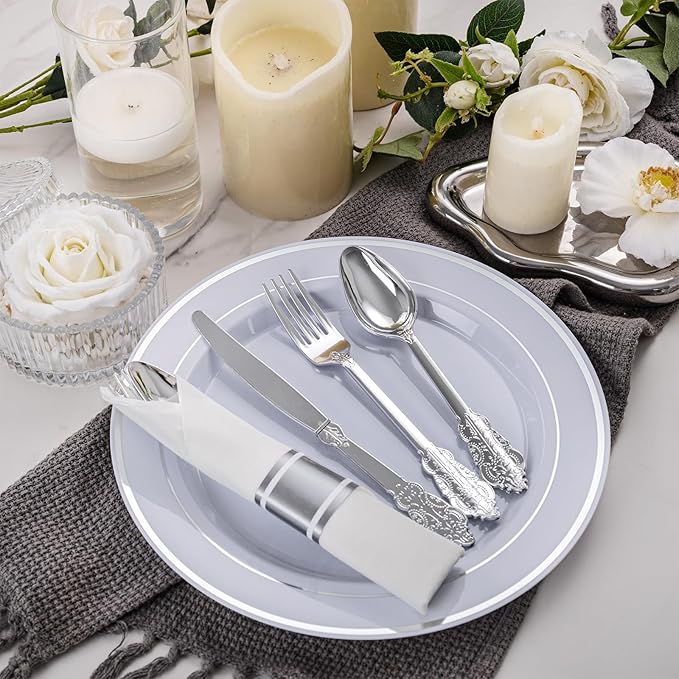 WELLIFE 50 Pack Silver Plastic Silverware, Wrapped Silverware Set Disposable,Plastic Utensils Set Include 50 Forks, 50 Knives, 50 Spoons and 50 Napkins, Disposable Cutlery for Party and Wedding