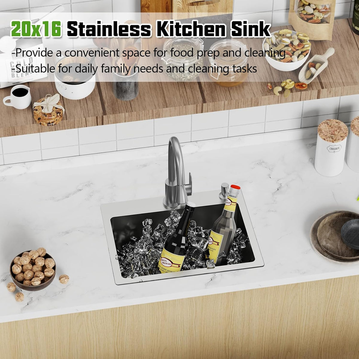 20x16 In Kitchen And Bar Sink- Stainless Steel Drop In Kitchen Sink Modern Single Bowl Topmount Bar Sink With Silicon Mat,Drain Strainer Set Compatibility With Various Kitchen & Bar Style