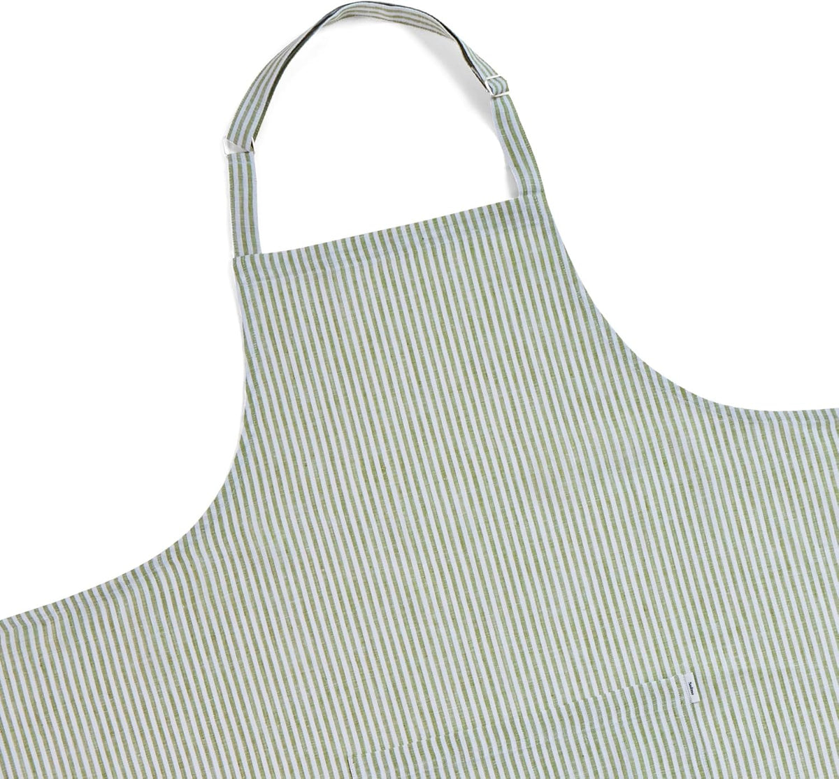 Solino Home 100% Pure Linen Apron for Women & Men - Avocado and White Stripe Full Midi Bib Apron, Adjustable Neck Strap with Center Pockets for Kitchen, Chef - Handcrafted from European Flax