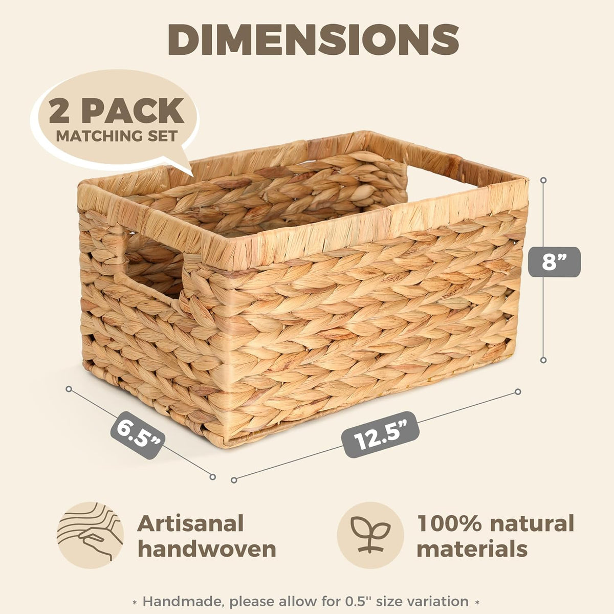 Set of 2 Wicker Shelf Storage Baskets for Organizing - Natural Durable Water Hyacinth Woven Basket Pantry Bin Organizers for Shelves with Handles for Home & Decor Organization, 12.5” x 8” x 6.5”