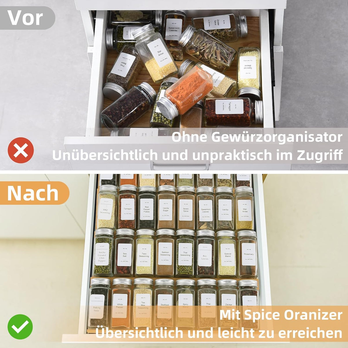 Spice Drawer Organzier,4 Tiers Bamboo Spice Rack Tray Insert for Cabinet Drawer Countertop, Kitchen Seasoning Storage Drawer Organization,14.57" Wide x 15.8" Deep （Hold UP To 32 Jars