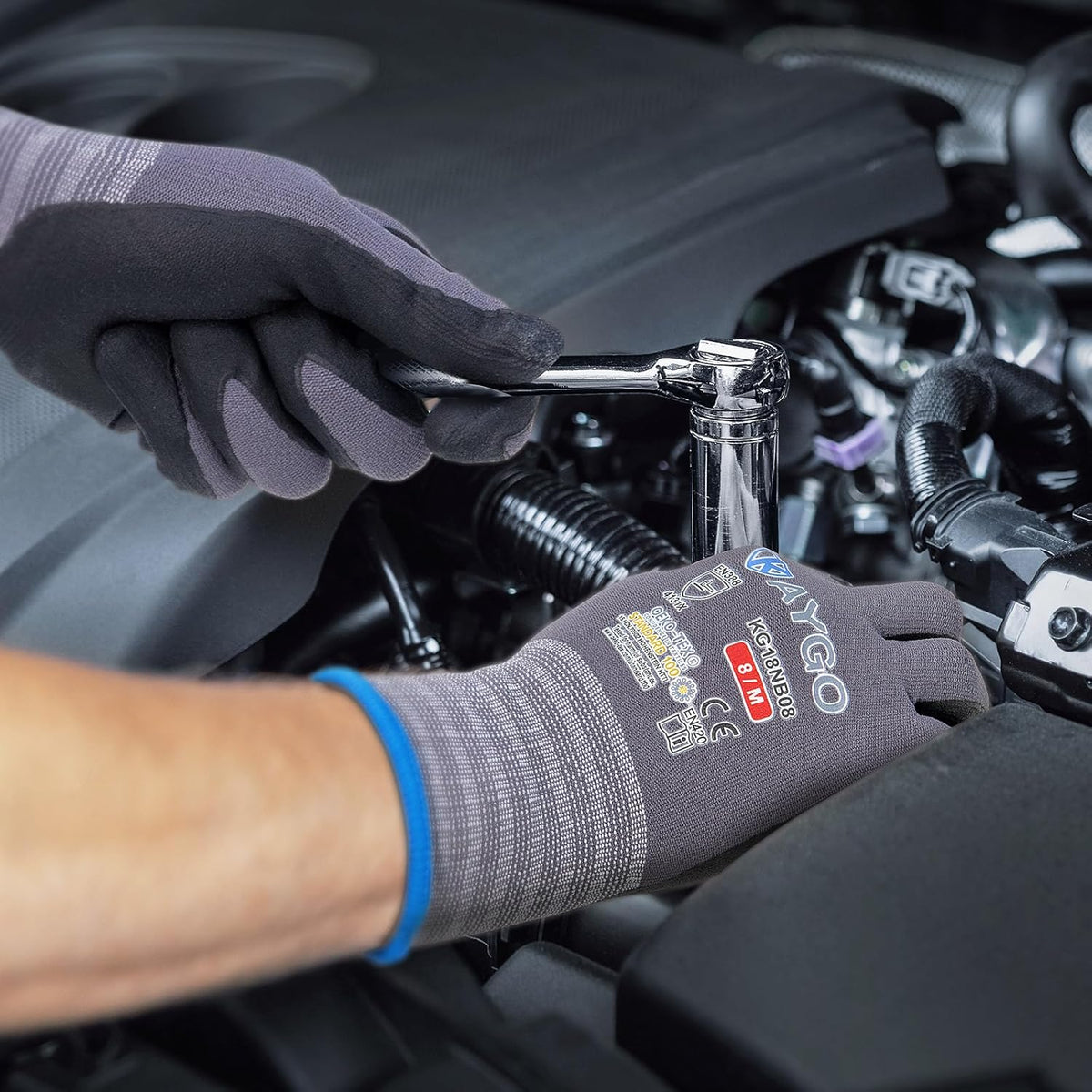 KAYGO Safety Work Gloves MicroFoam Nitrile Coated-3 Pairs, KG18NB,Seamless Knit Nylon Glove with Black Micro-Foam Nitrile Grip,Ideal for General Purpose,Automotive,Home Improvement,Red medium