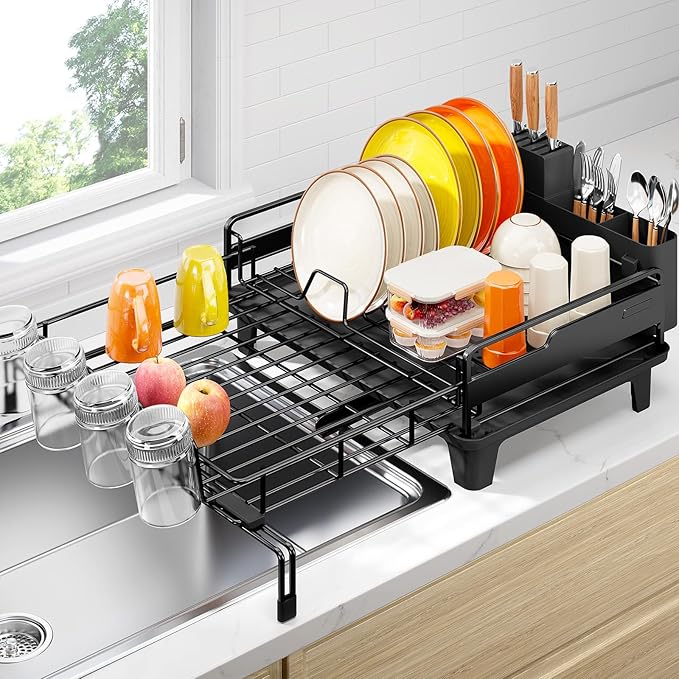 Urackify Dish Drying Rack - Extendable Dish Drainer, Large Dish Rack for Kitchen Counter, Rustproof Dish Strainer with Utensil Holder and Cups Holder, 1 Tier Black