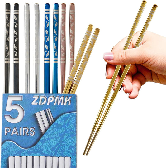 Metal Chopsticks Reusable 5 Pairs Stainless Steel Chopsticks Japanese Chinese Korean Metal Chop Sticks Dishwasher Safe Non Slip Cute Laser Engraved 9.25 Inch for Cooking Eating Gift Set