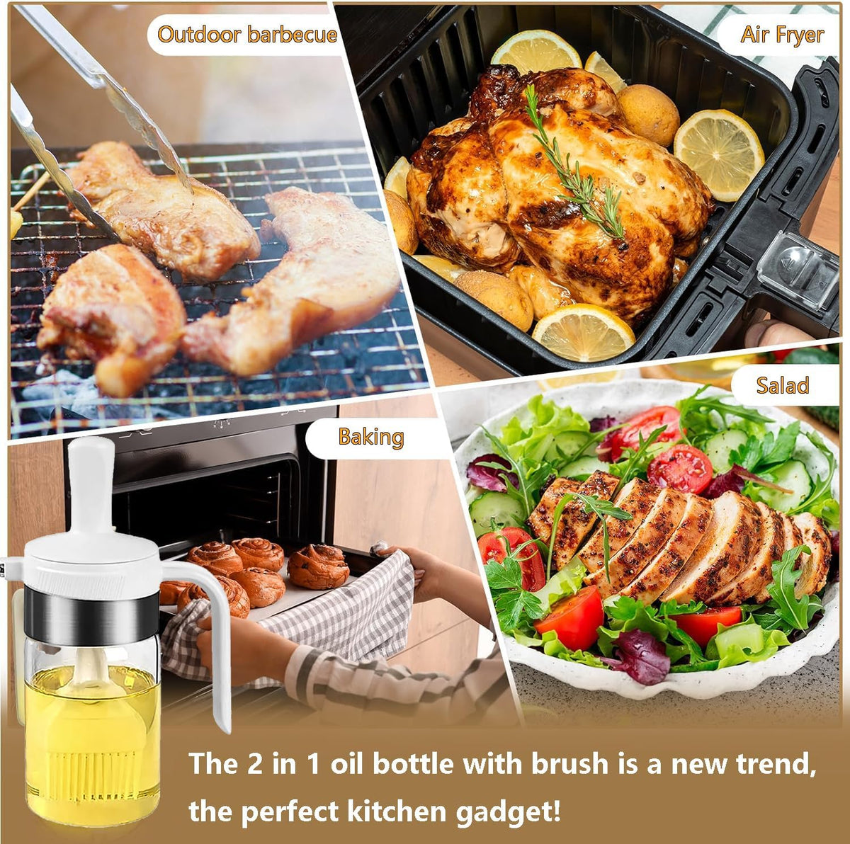 Olive Oil Dispenser Bottle with Brush- 2 in 1 Oil Dispenser & Silicone Brush for Kitchen Cooking Vinegar Sauce BBQ Salad Grill Frying- 200ml/7oz, White