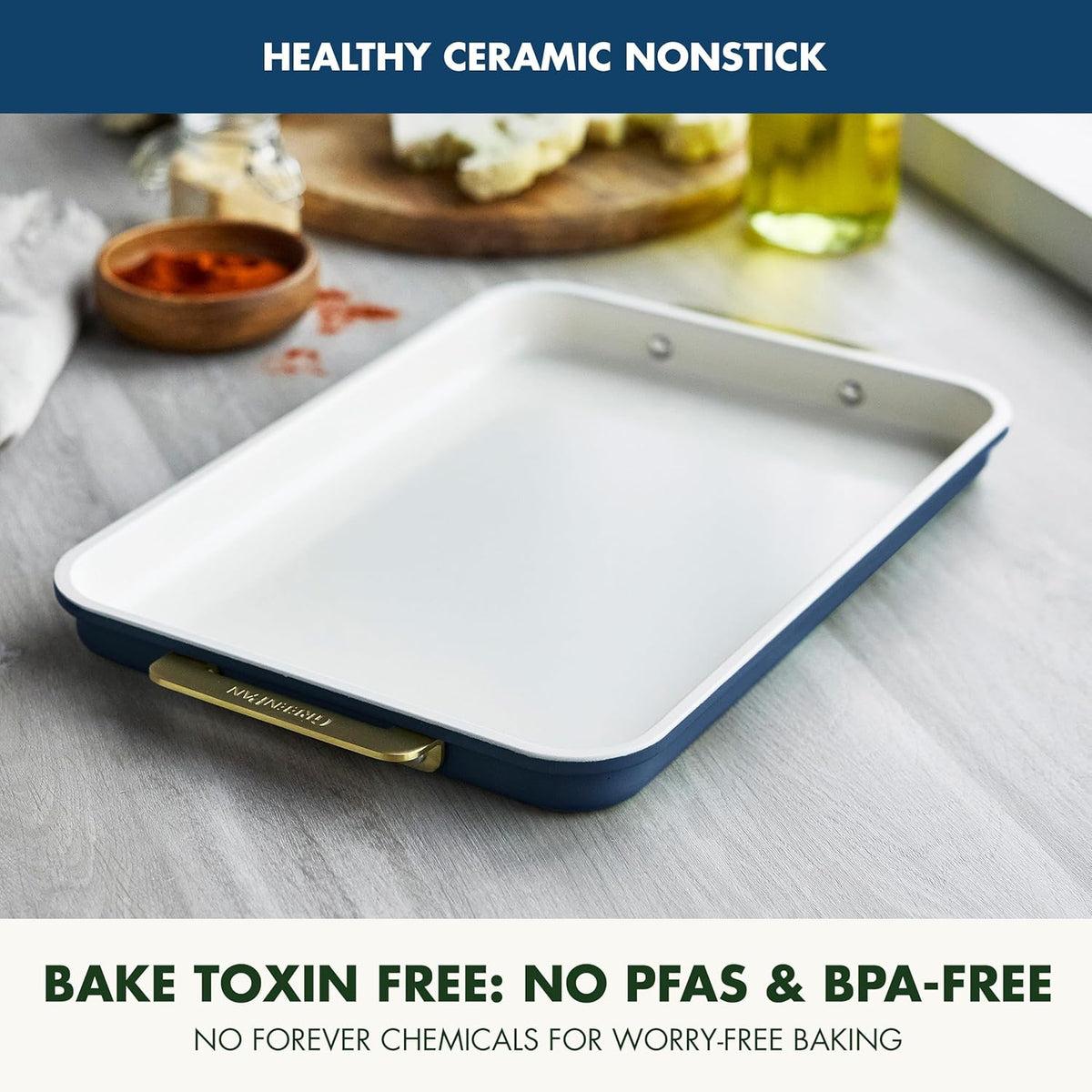 GreenPan Bakeware 13" x 9" Quarter Sheet Pan, Ceramic Nonstick Baking Pan, PFAS & BPA Free, Gold Handles, Durable Steel, Versatile & Space Saving Ovenware, Freezer to Oven Dish, Oxford Blue
