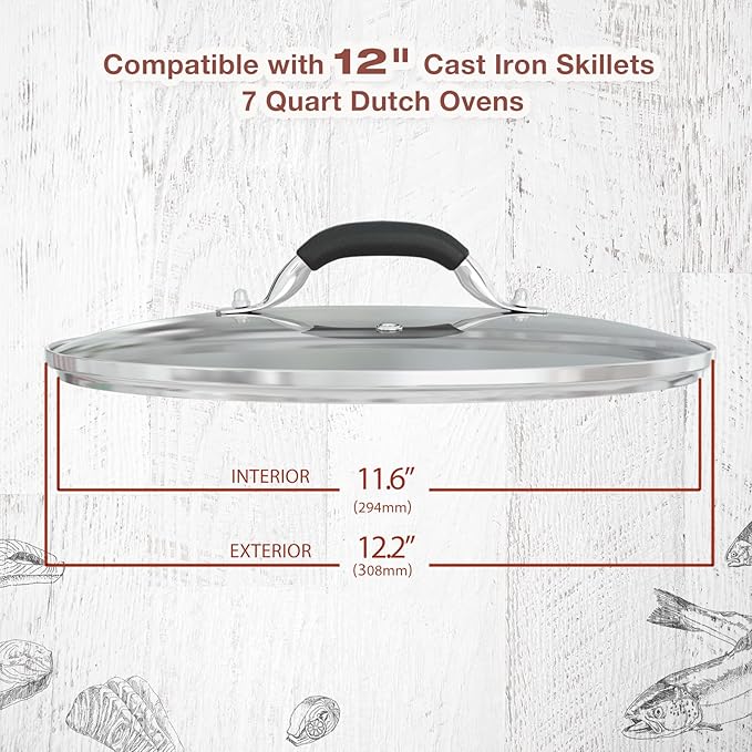12 Inch Tempered Glass Pot Lid Compatible with 12” Lodge Cast Iron Skillets and 7 Quart Dutch Ovens - Designed with Steam Vent Hole and Heat Resistant Handle